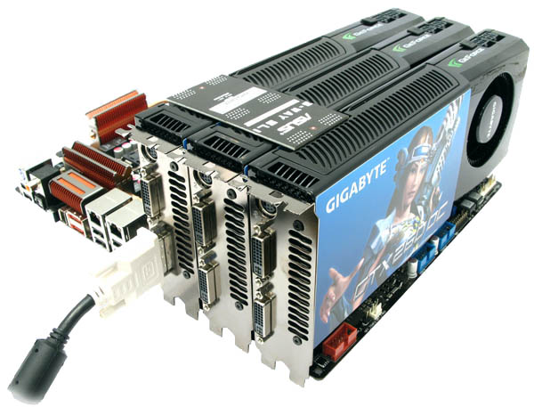 3-way SLI застосовується тільки для чіпсетів 680i і 780i і відеокарт GeForce 8800GTX, 8800Ultra, 9800GTX, GTX260, GTX280